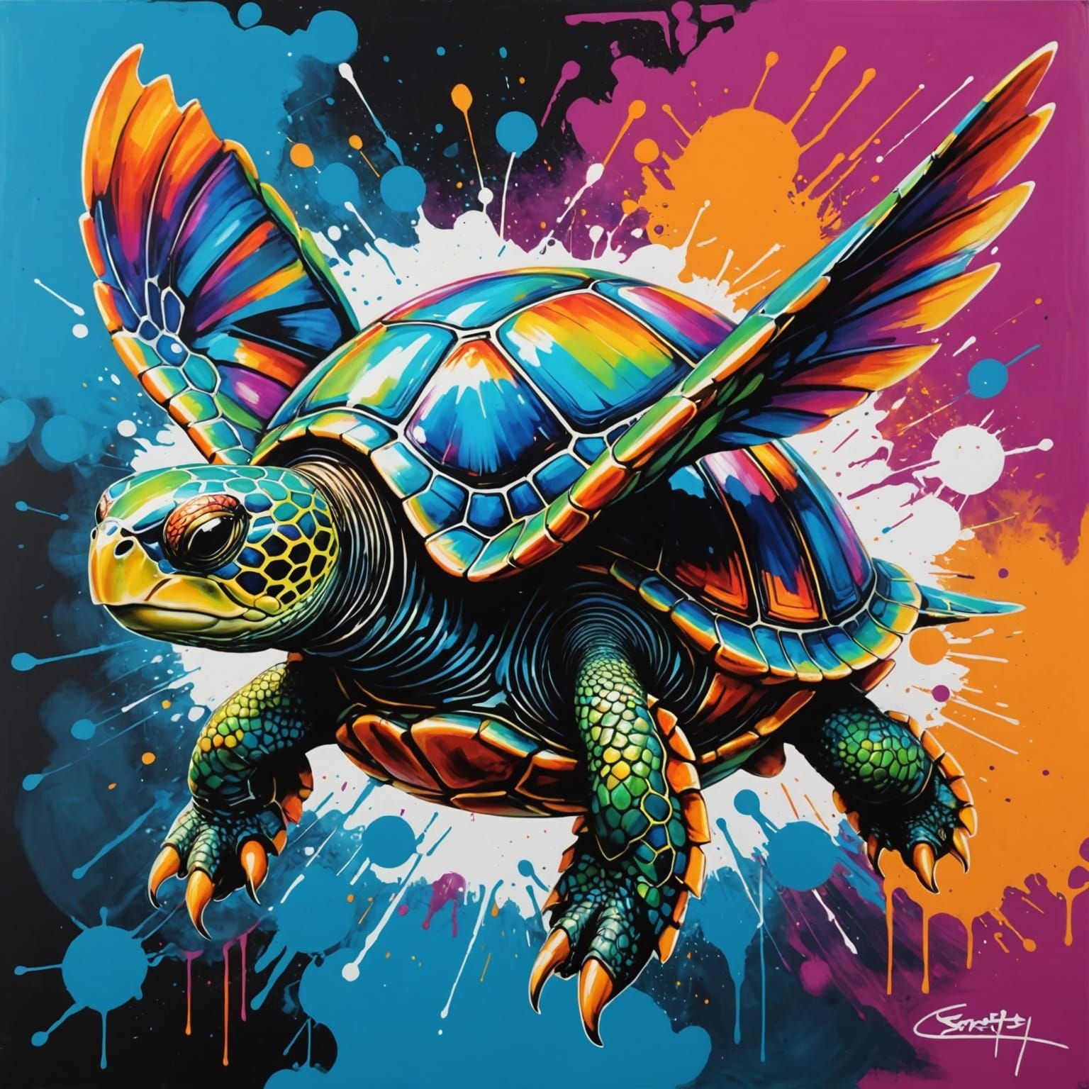 Vibrant Flying Turtle with Open Shell and Iridescent Wings