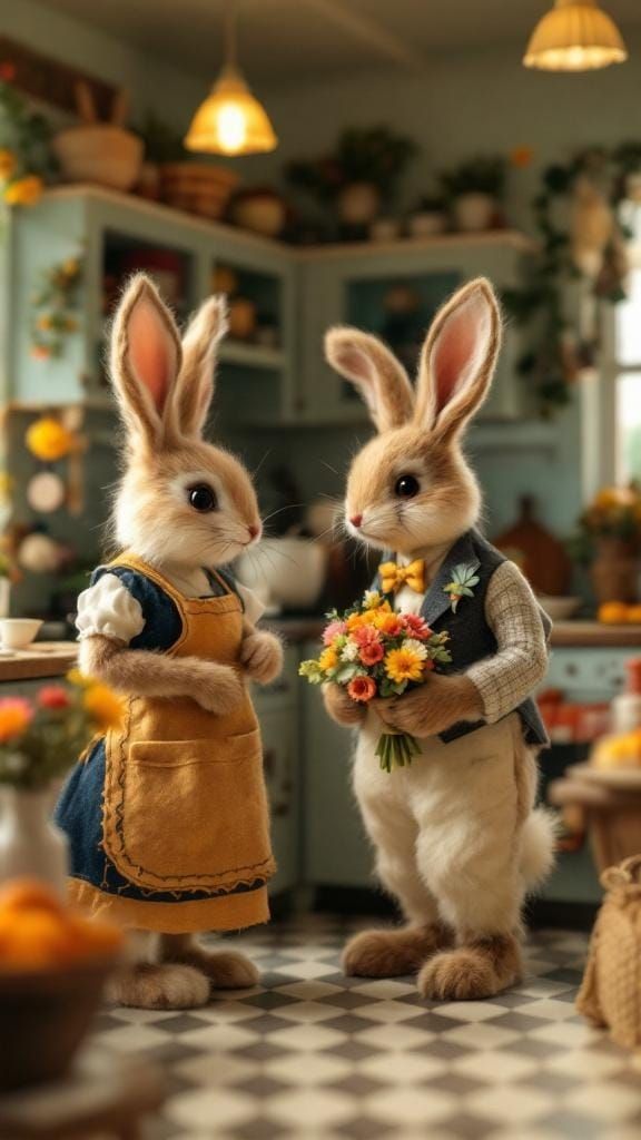 Felted Bunnies in 1950s Kitchen, Whimsical Illustration