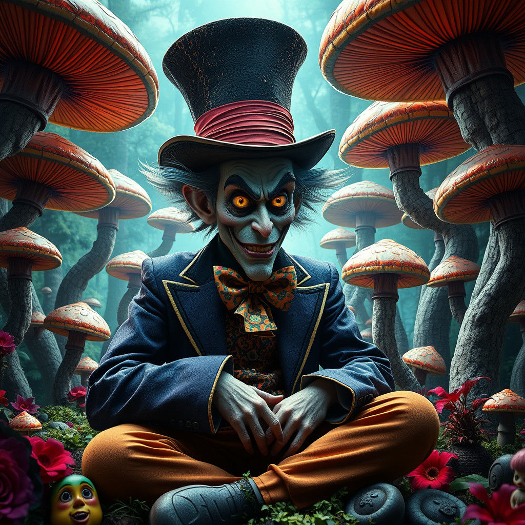 Mad Hatter in Eerie Garden, Dark Whimsy Style