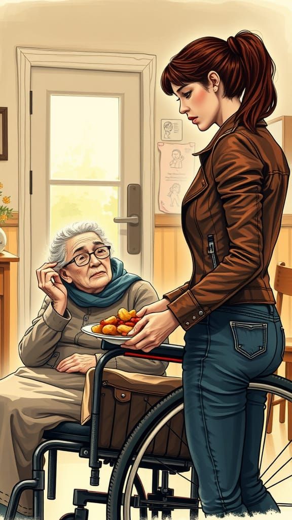 A Gentle Biker Woman Serves a Warm Meal in a Hospice Care Ce...