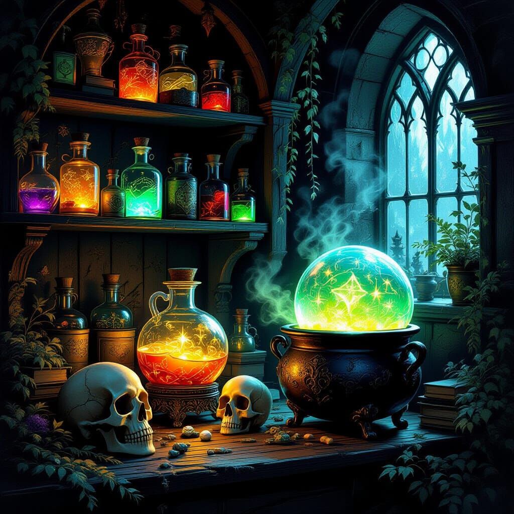 Magical Apothecary Shop with Glowing Potions
