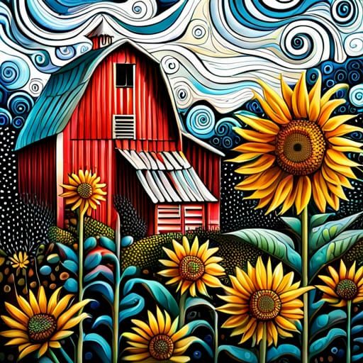 Fantasy Sunflower Barn Painting in Mixed Media Style
