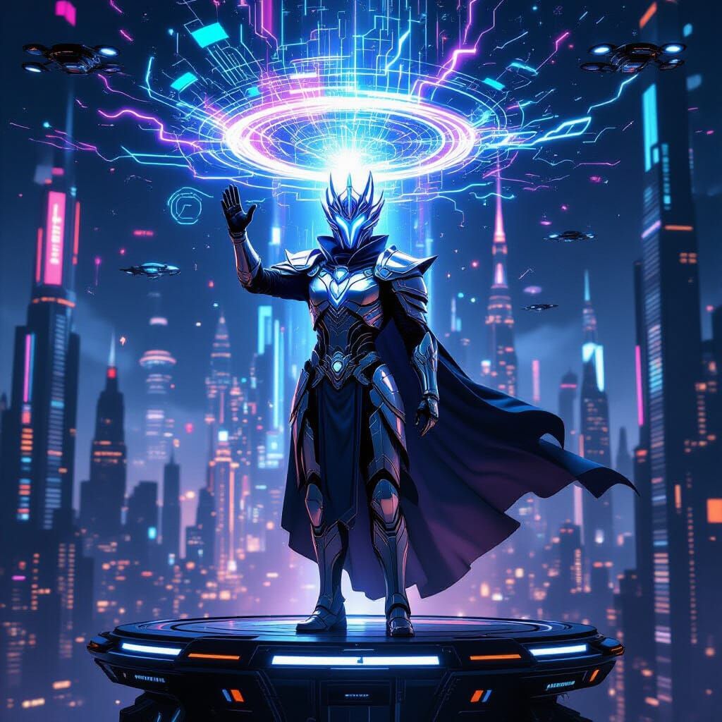 Sci-Fi Ruler in Armor Above Futuristic City