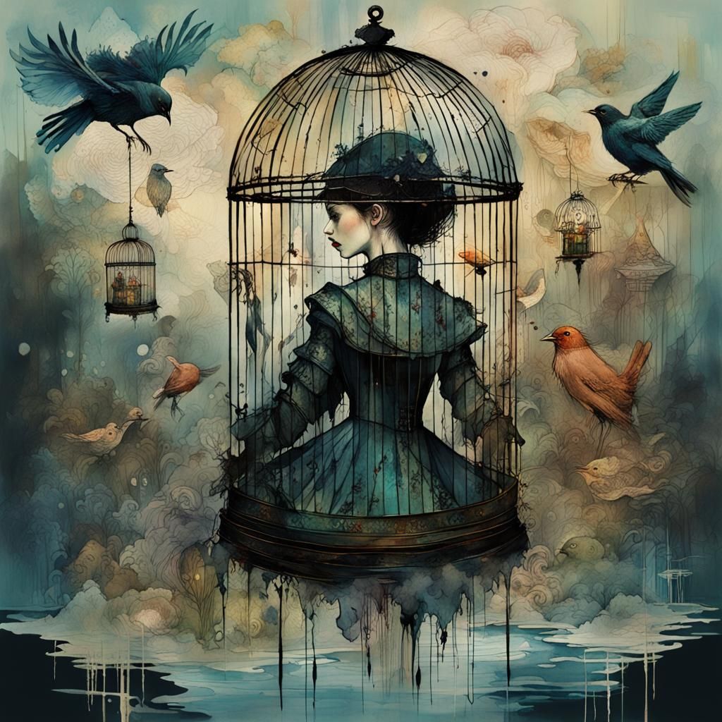 Woman in Birdcage by the Sea: Dark Fantasy Art