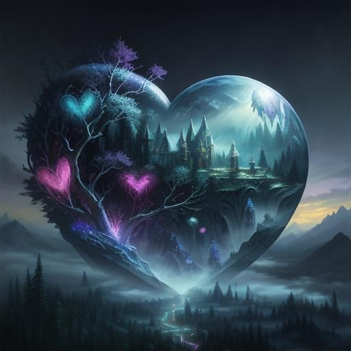 Ethereal Crystal Heart in Fantasy Landscape