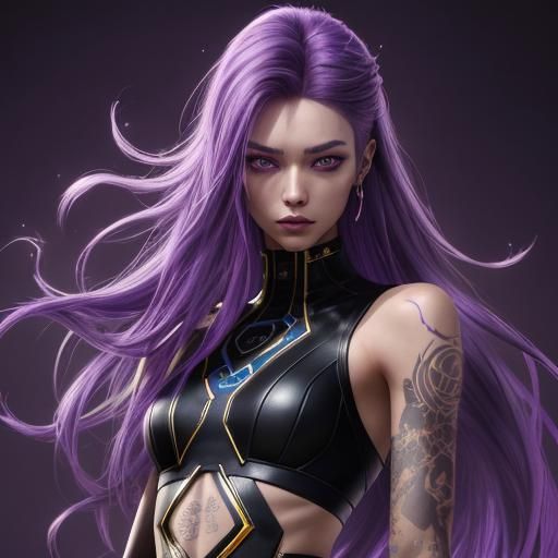Young girl, skinny, mystical essence, tattoo glowing with purple glow, long purple hair, sharp thin facial features, bea...