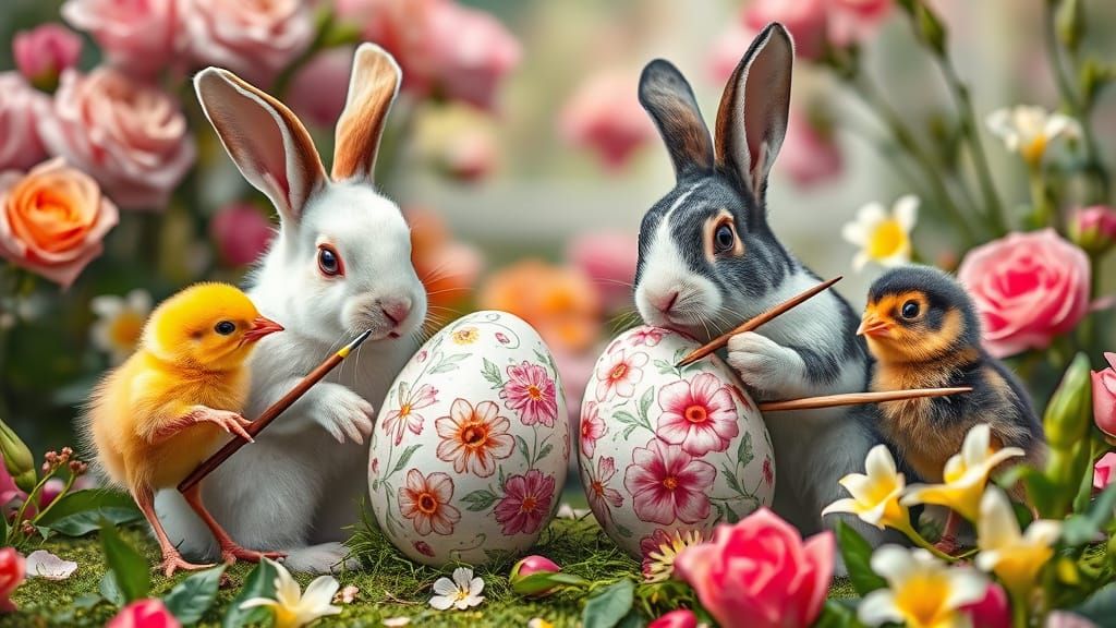 Rabbits and Chicks Painting Easter Eggs Realistically