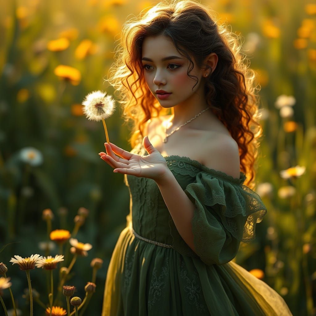 Romantic Hyperrealistic Portrait of a Woman with a Tiny Dand...