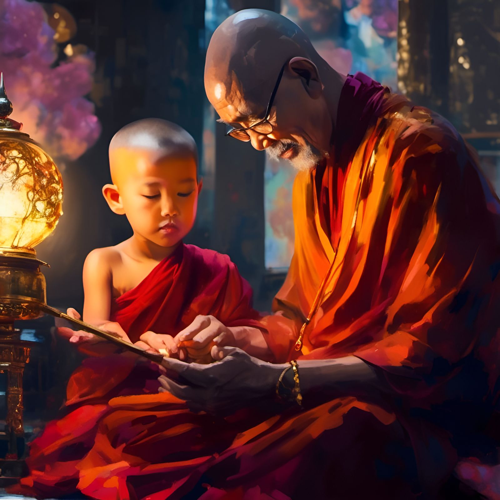 Elder buddhist monk teaches a novice