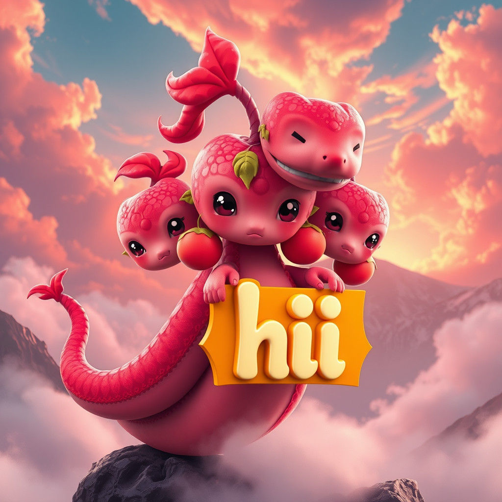 Chibi Cherry Hydra Waving Hello in Fantasy Art