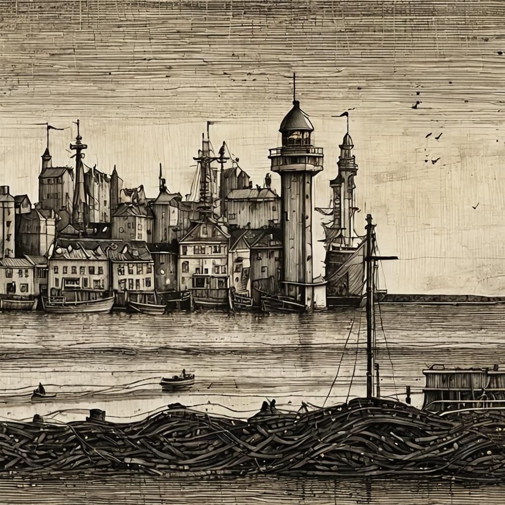 Harbor Scene in Pen and Ink, Renaissance Style