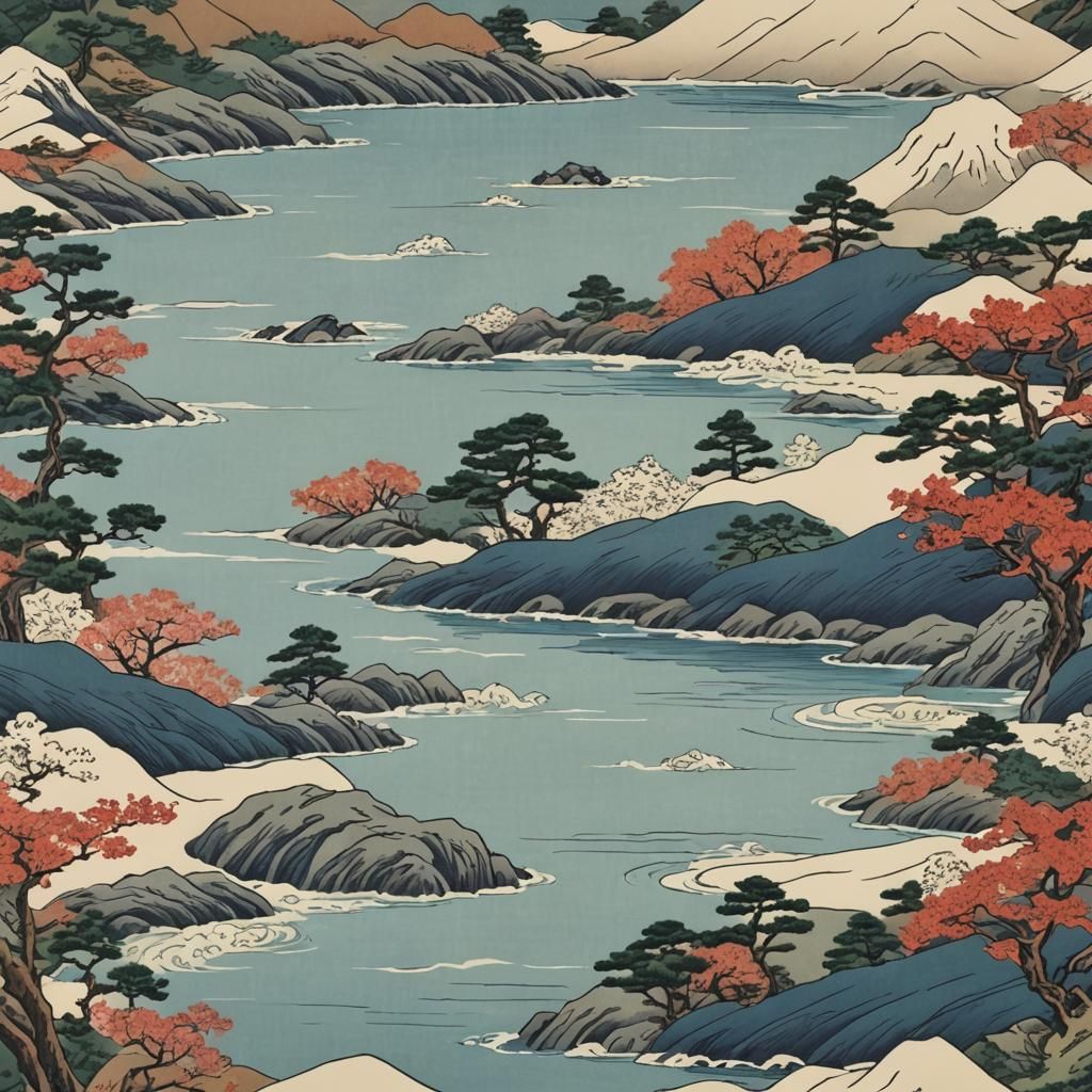 Ukiyo-e Seascape in Japanese Woodblock Print Style