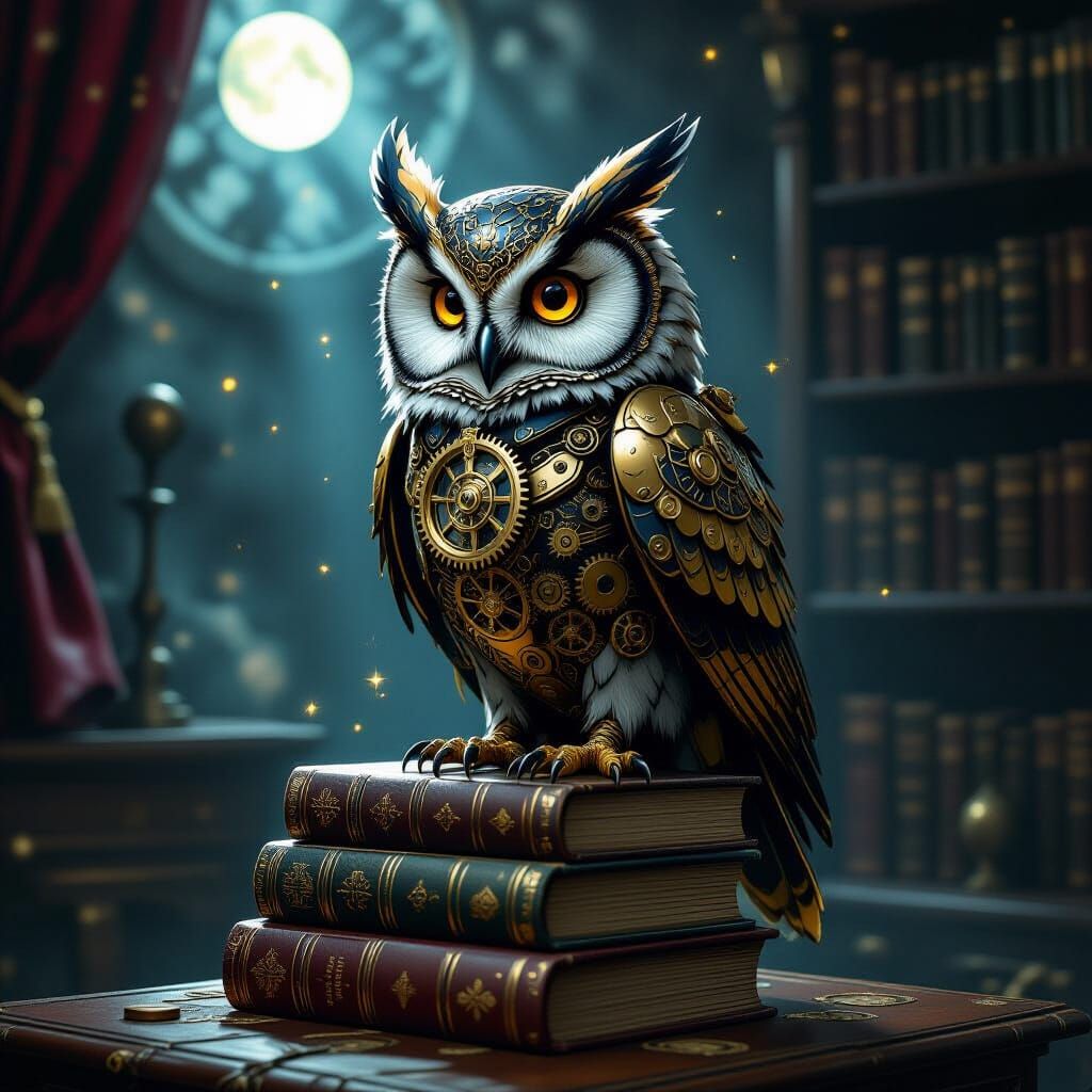 Clockwork Owl on Books in Victorian Study, Steampunk Art