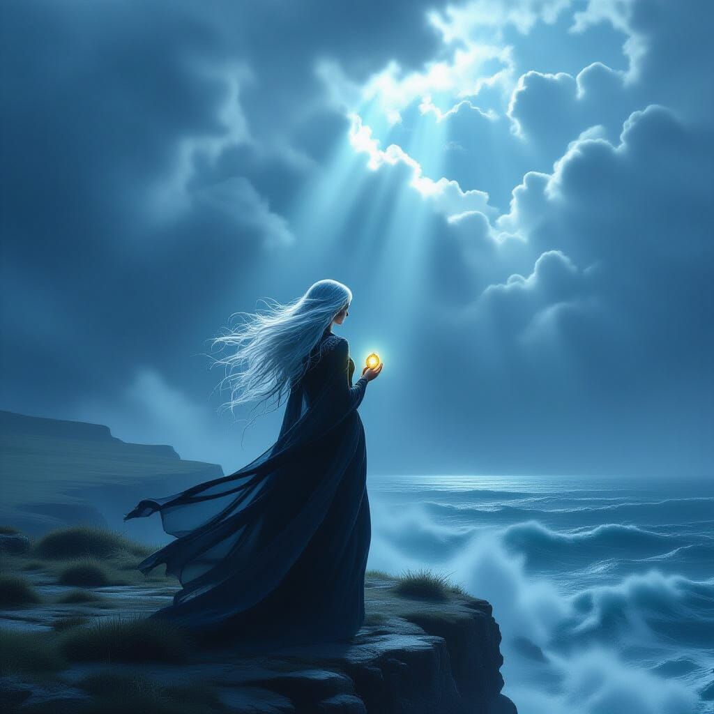 Ethereal Woman on Cliff Overlooking Stormy Sea