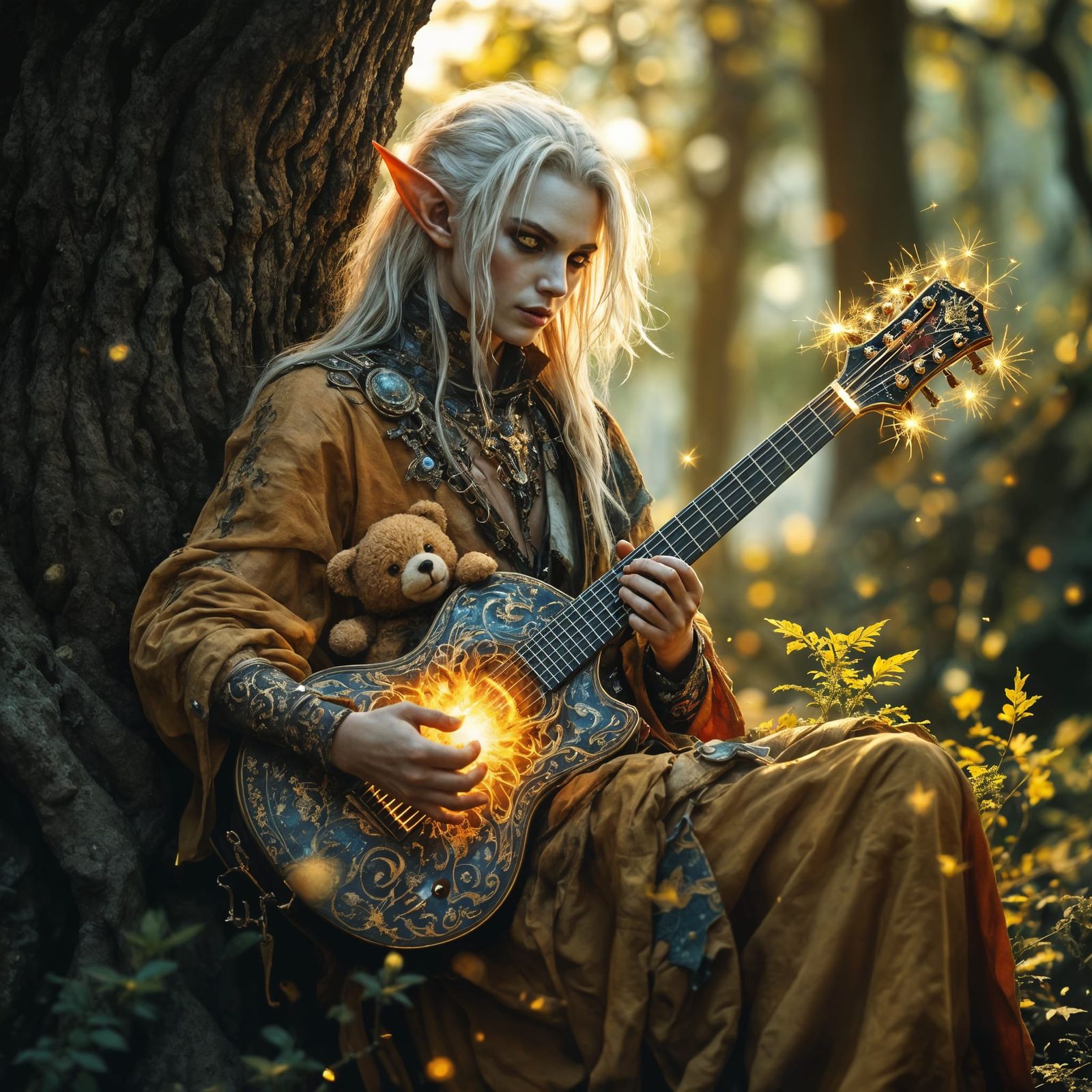 Surreal Elf Musician with Magical Guitar and Teddy Bear