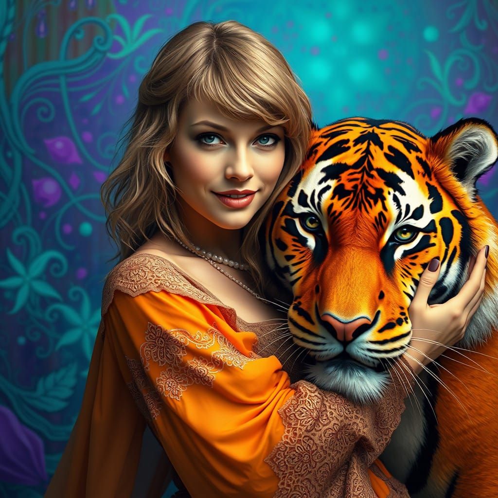 Taylor Swift Embracing a Majestic Tiger in Vibrant Hyperreal...