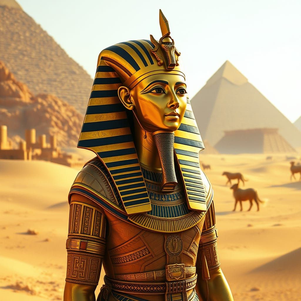 Majestic Pharaoh in Ancient Desert Landscape