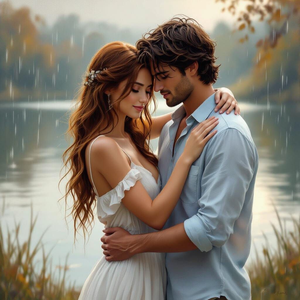 Romantic Embrace by Serene Lake in Gentle Rain Oil Painting