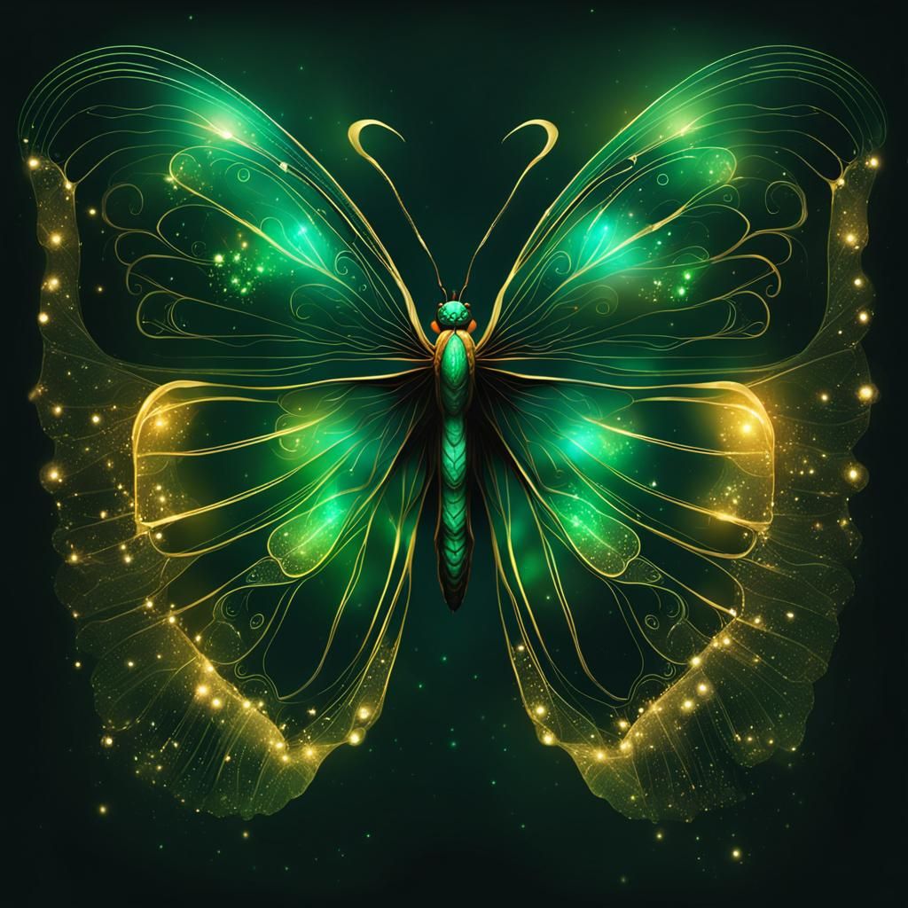 Emerald Butterfly Soaring in Midnight Sky