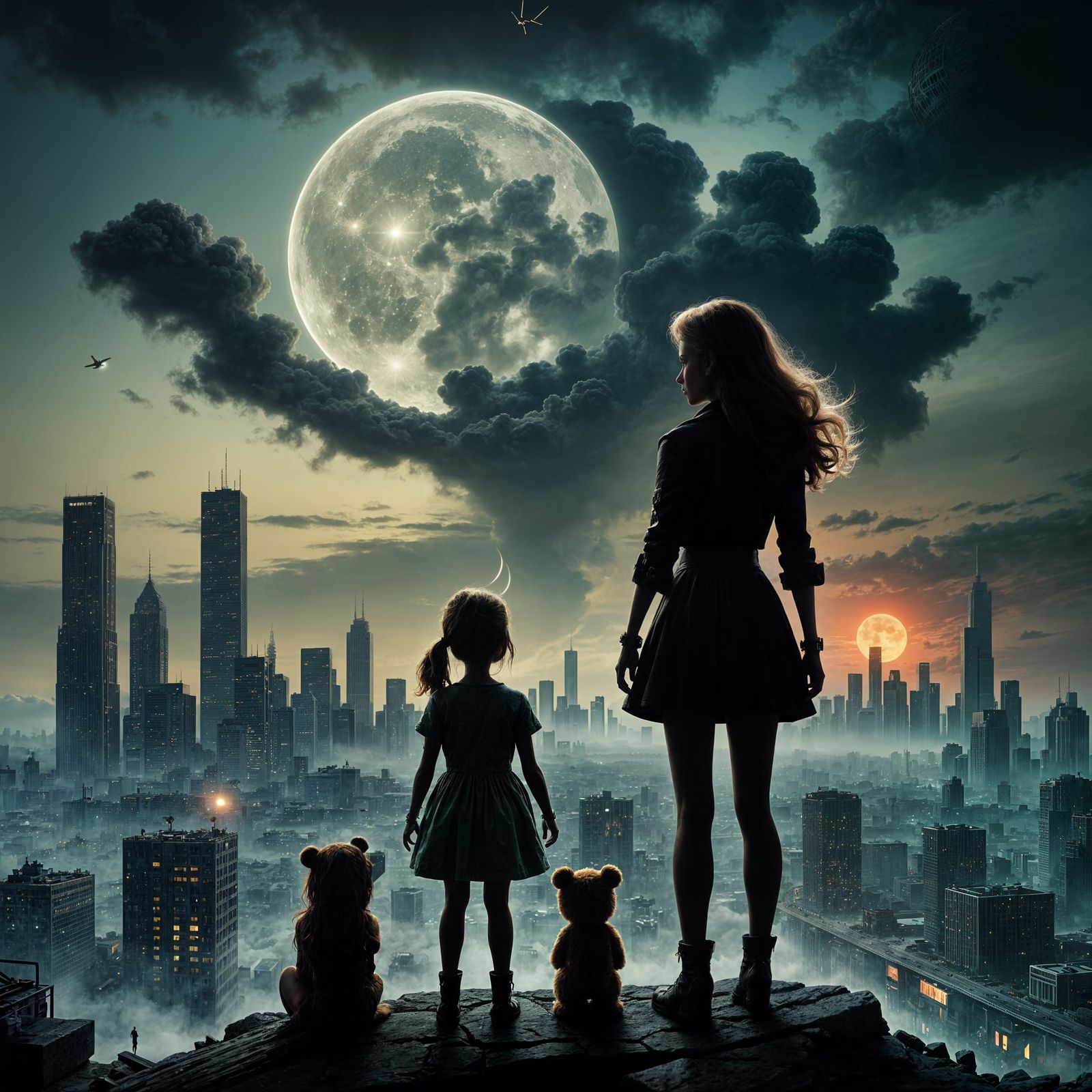 Apocalyptic Cityscape with Mushroom Clouds and Figure