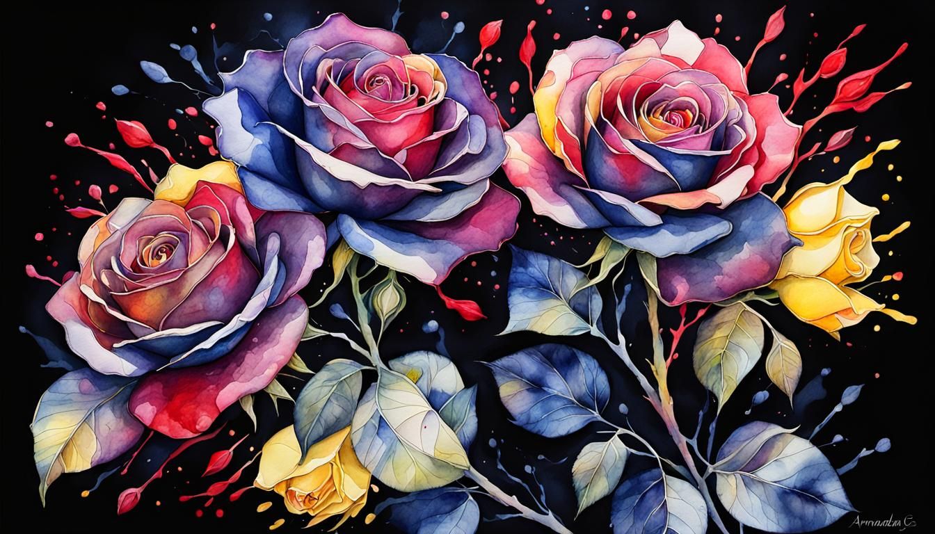 Red and Yellow Roses in Visionary Art Style