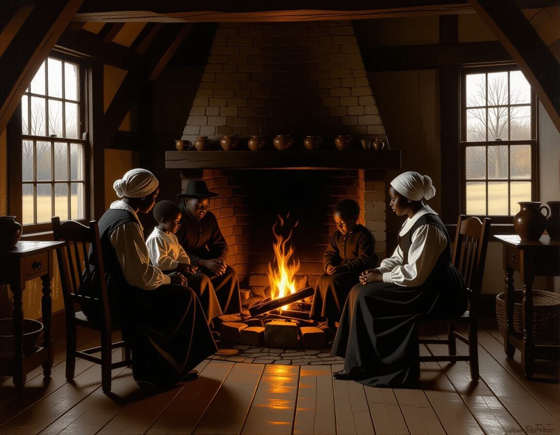 Black Family by Hearth in Old Master Oil Painting Style