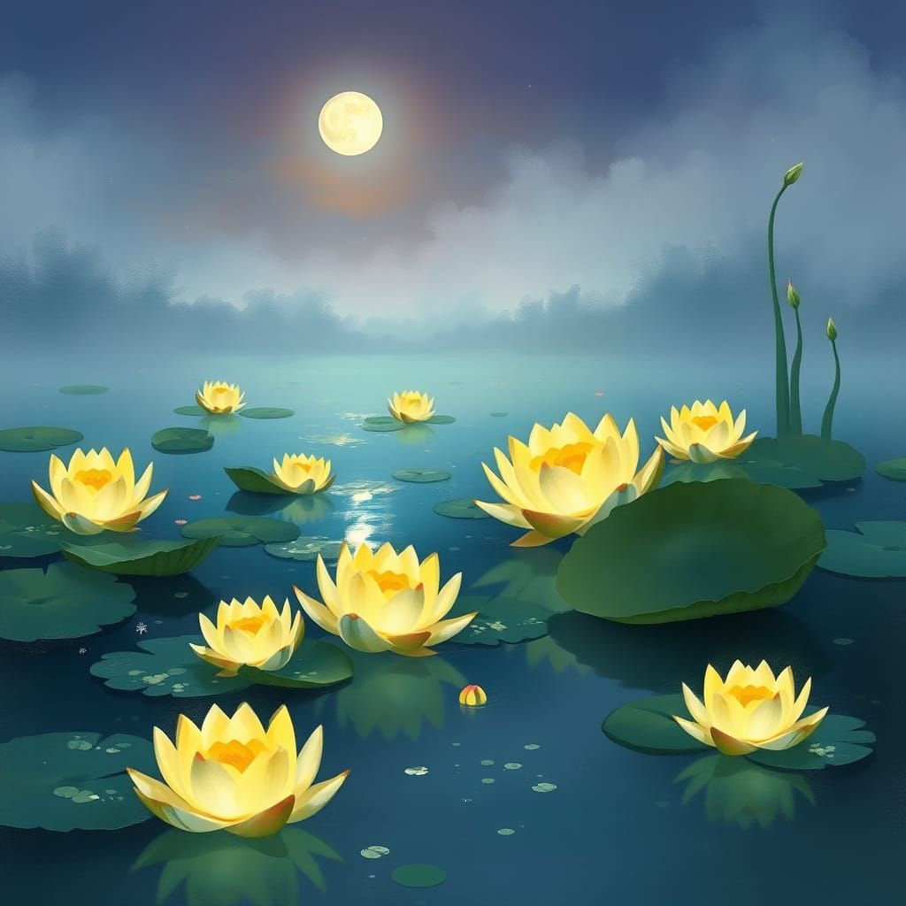 Ethereal Water Scene with Glowing Lotus Flowers at Twilight