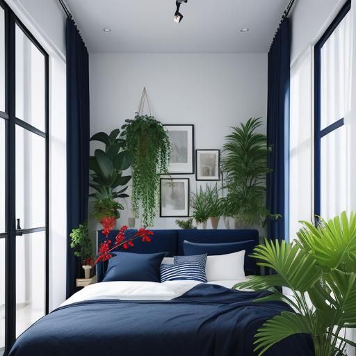 Modern Red and Blue Bedroom with Plants