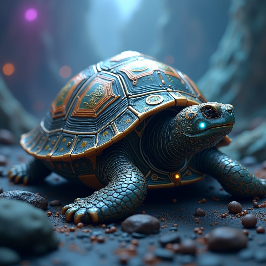 Circuitry Turtle in Mystical High-Fantasy Environment