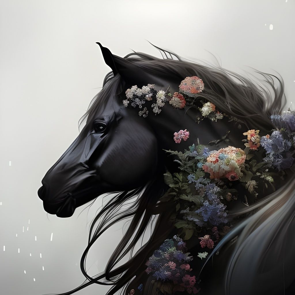 Floral Black Horse Portrait in Hyperdetailed Splash Art