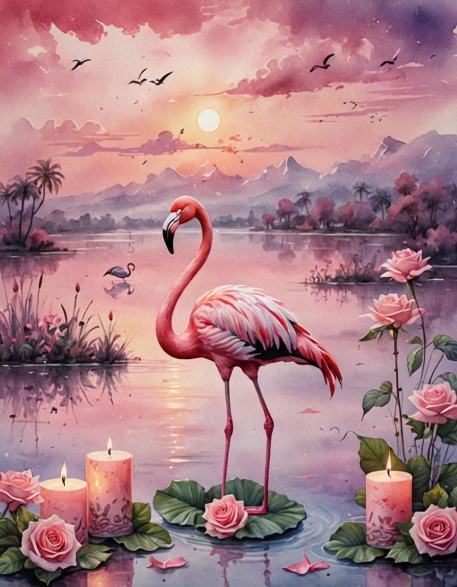 Pink Flamingo by Lake with Calligraphy Scroll