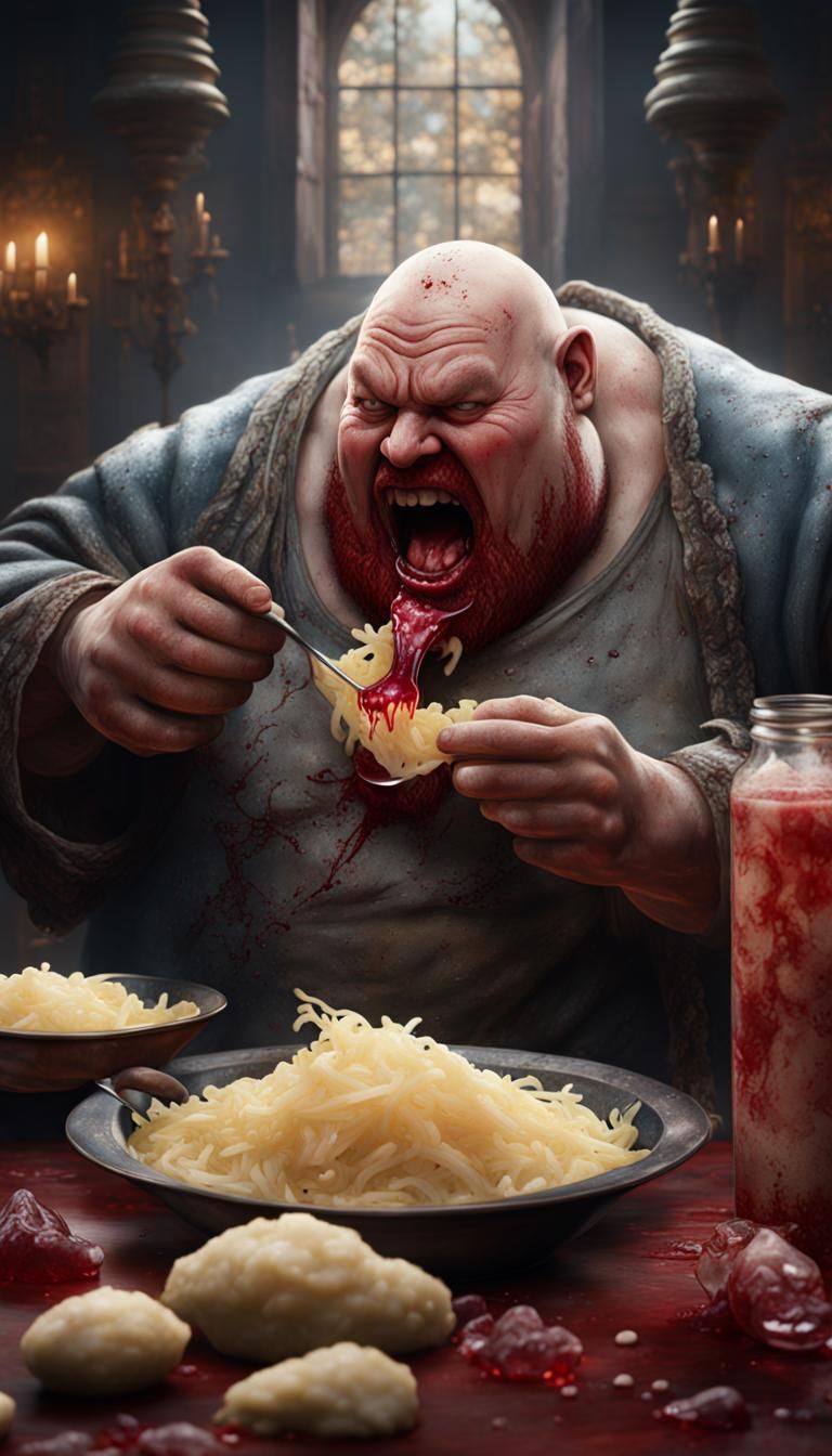 Detailed Matte Painting of Man Eating Sauerkraut