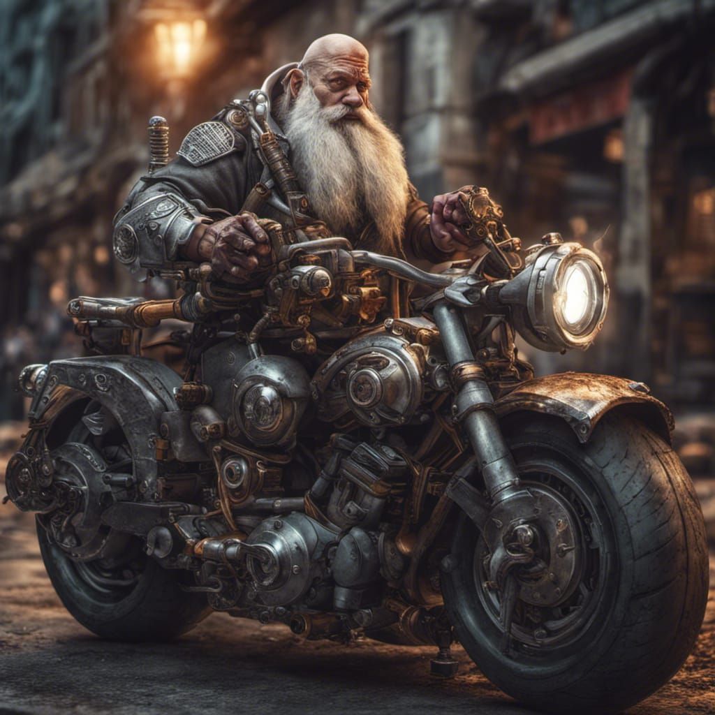 Dwarf Mechanic with Robot Arm, Hyperrealistic Image
