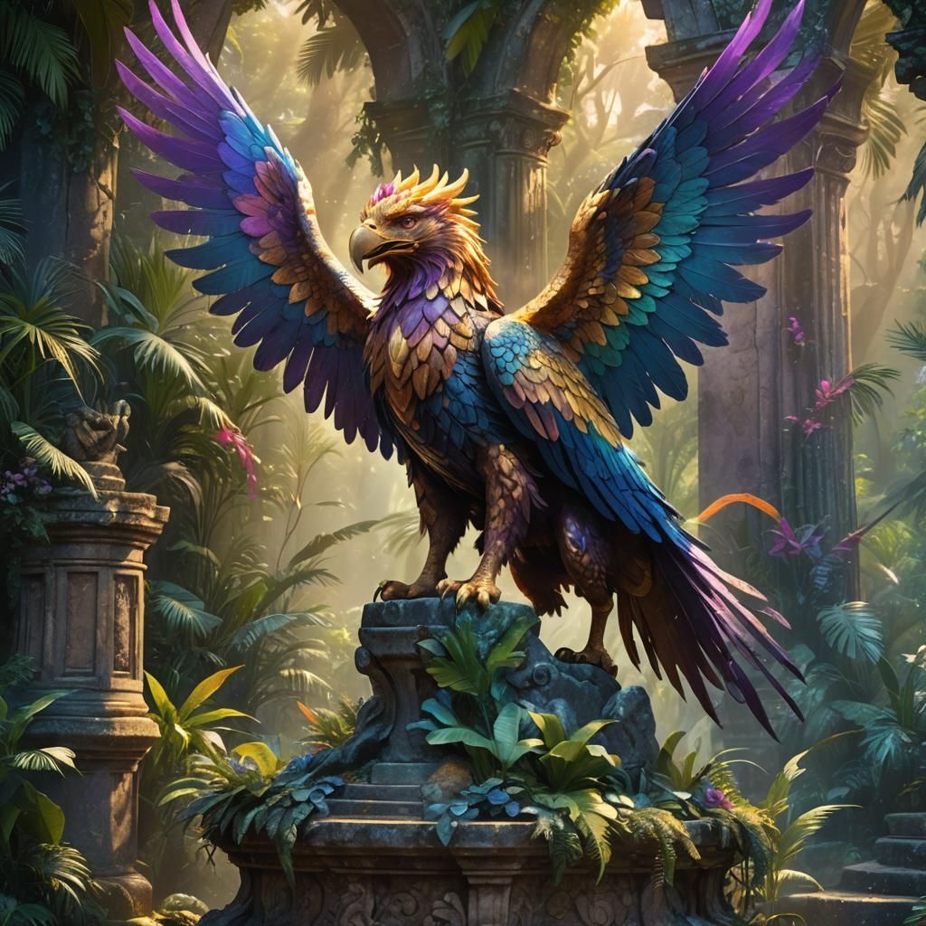 Majestic Griffin on Stone Pedestal in Tropical Landscape