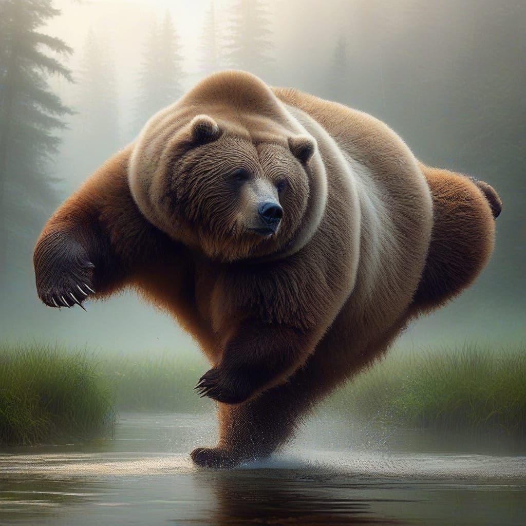 Graceful Kodiak Bear Falls Through Misty Forest