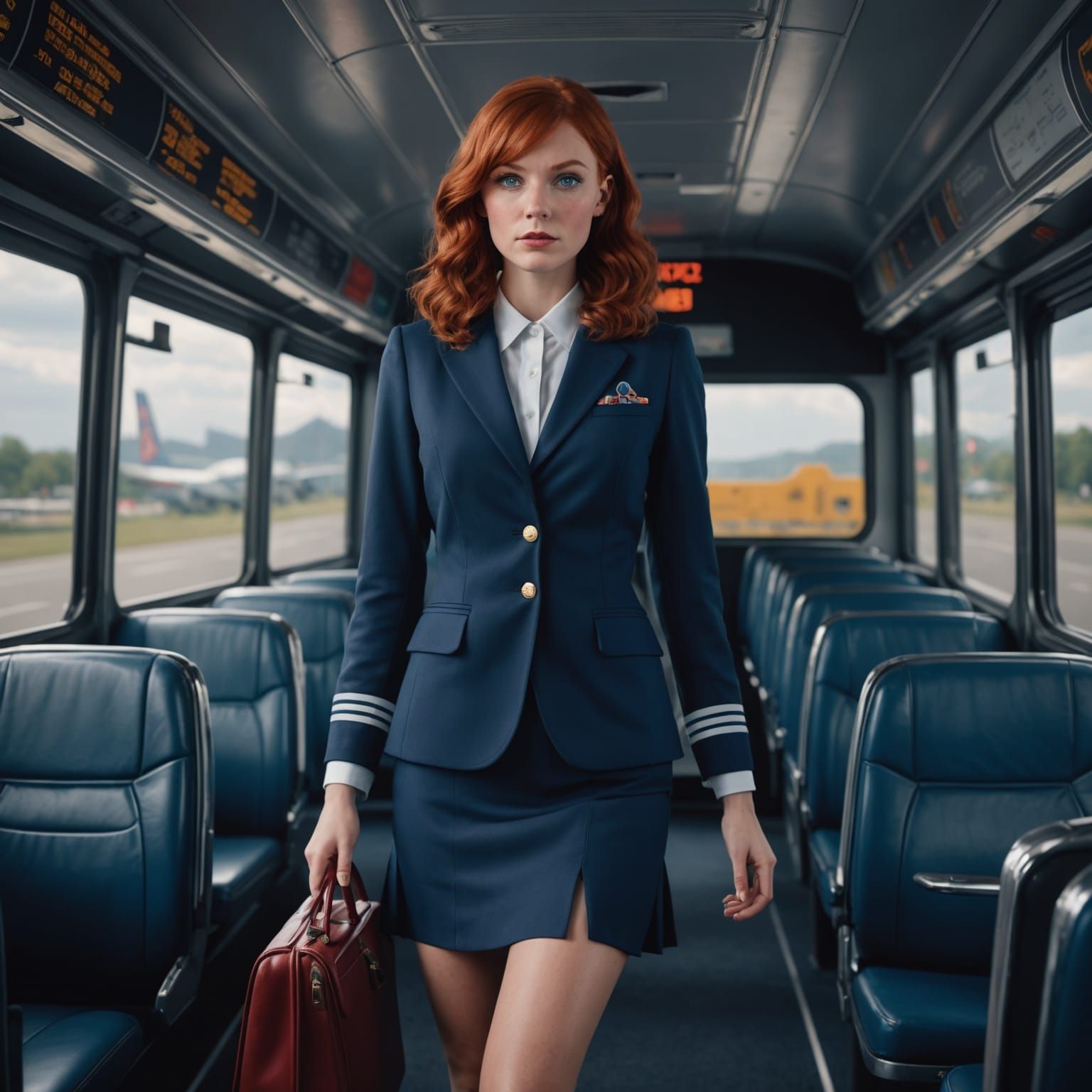 Teenage Girl as Stewardess on Bus in Detailed Painting
