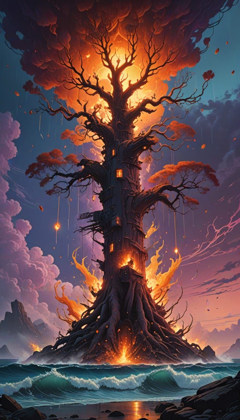 Blazing Phoenix Emerges from Burning Oceanic Tree