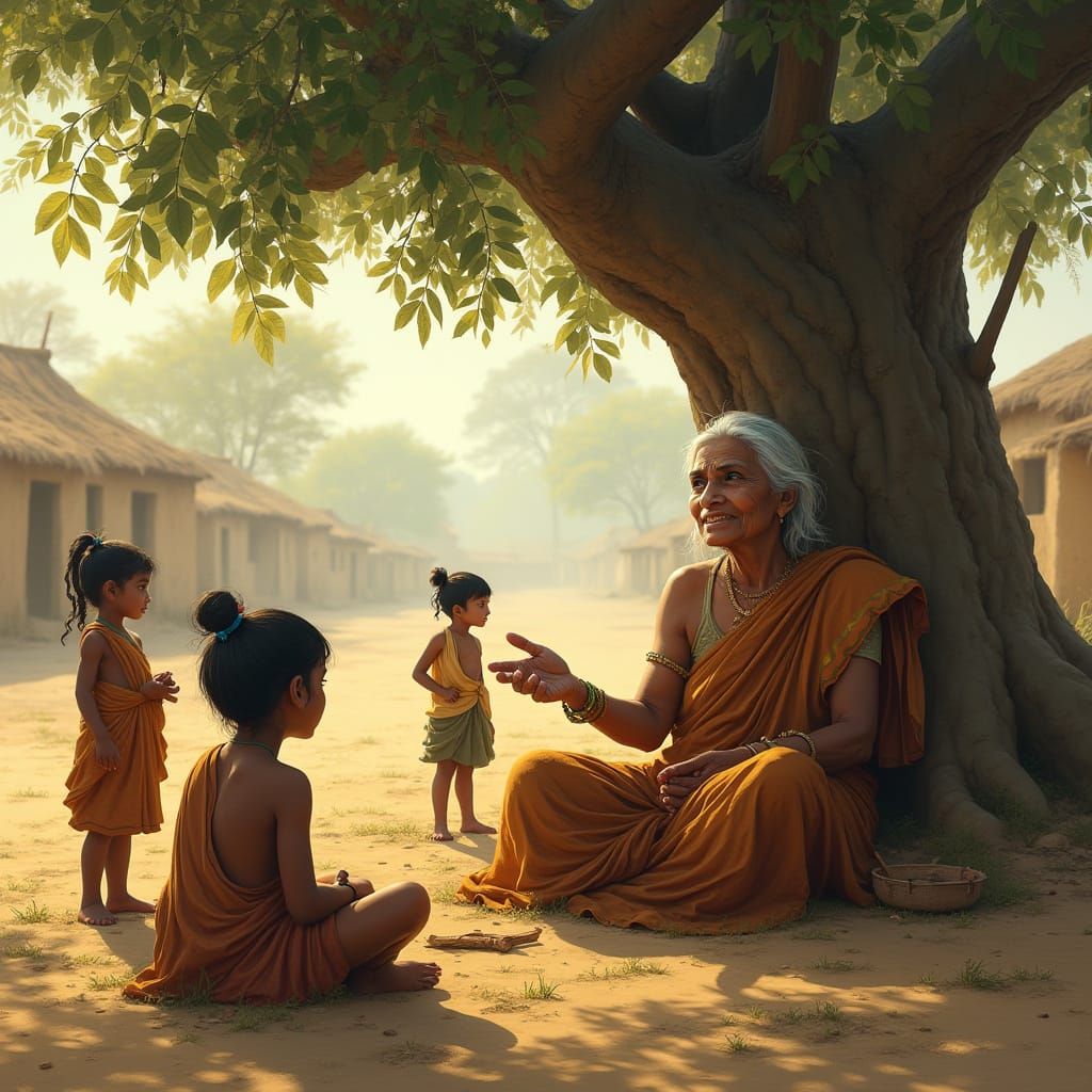 Indian Storyteller in Golden Light, Matte Painting