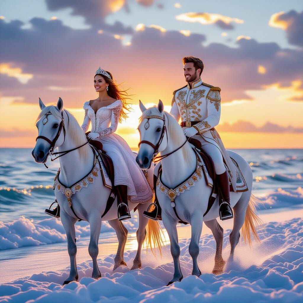 Princess and Prince Ride White Horses in Snow, Splash Art