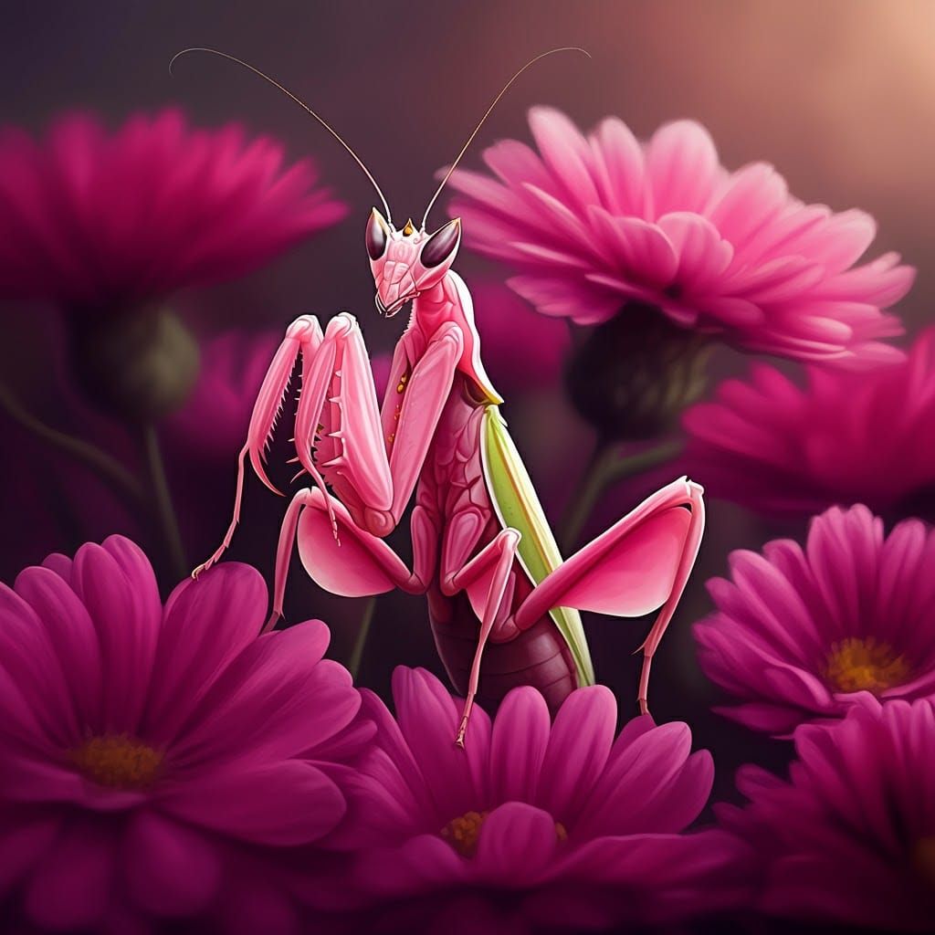 Pink Praying Mantis Camouflaged in Pink Flowers Illustration