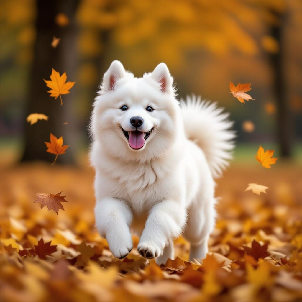 Samoyed Dog Playing in Autumn Leaves