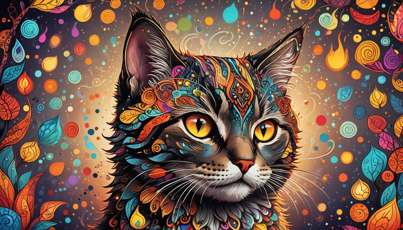 Fiery-Eyed Cat: Whimsical Concept Art in Vibrant Colors