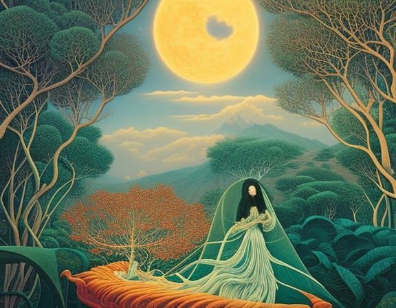 Celestial Woman in Surreal Bed, Digital Art