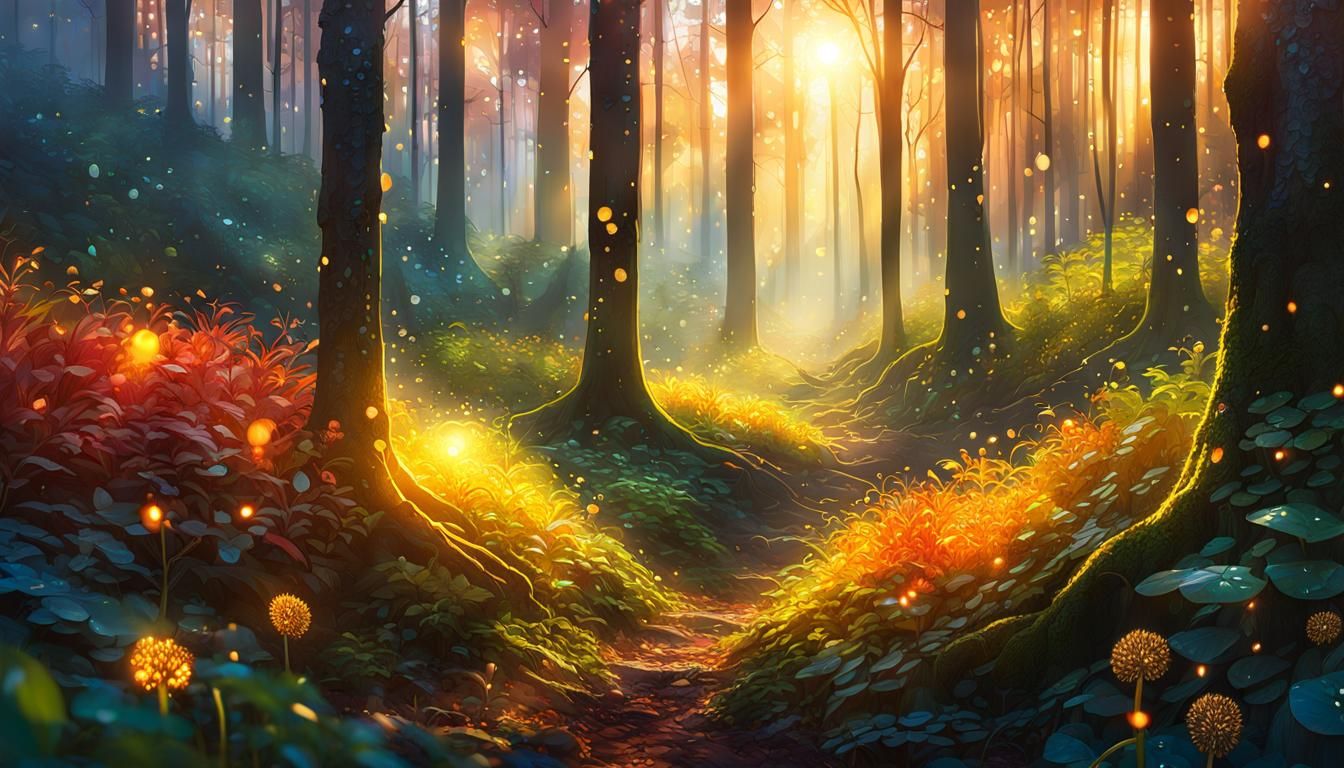 Sunlit Forest: Expressionistic Mountain Scene in Golden Hour