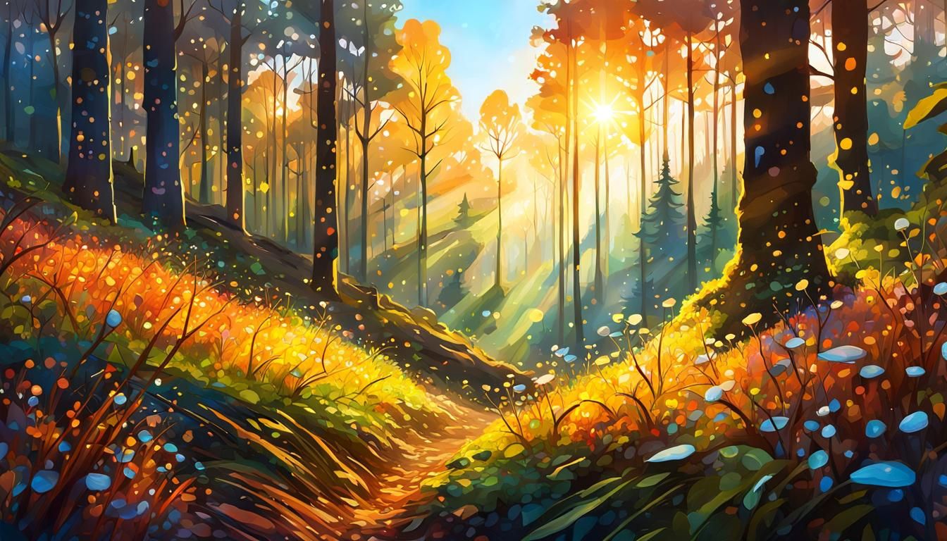 Magical Morning Sunshine in Forest, Expressionist Style