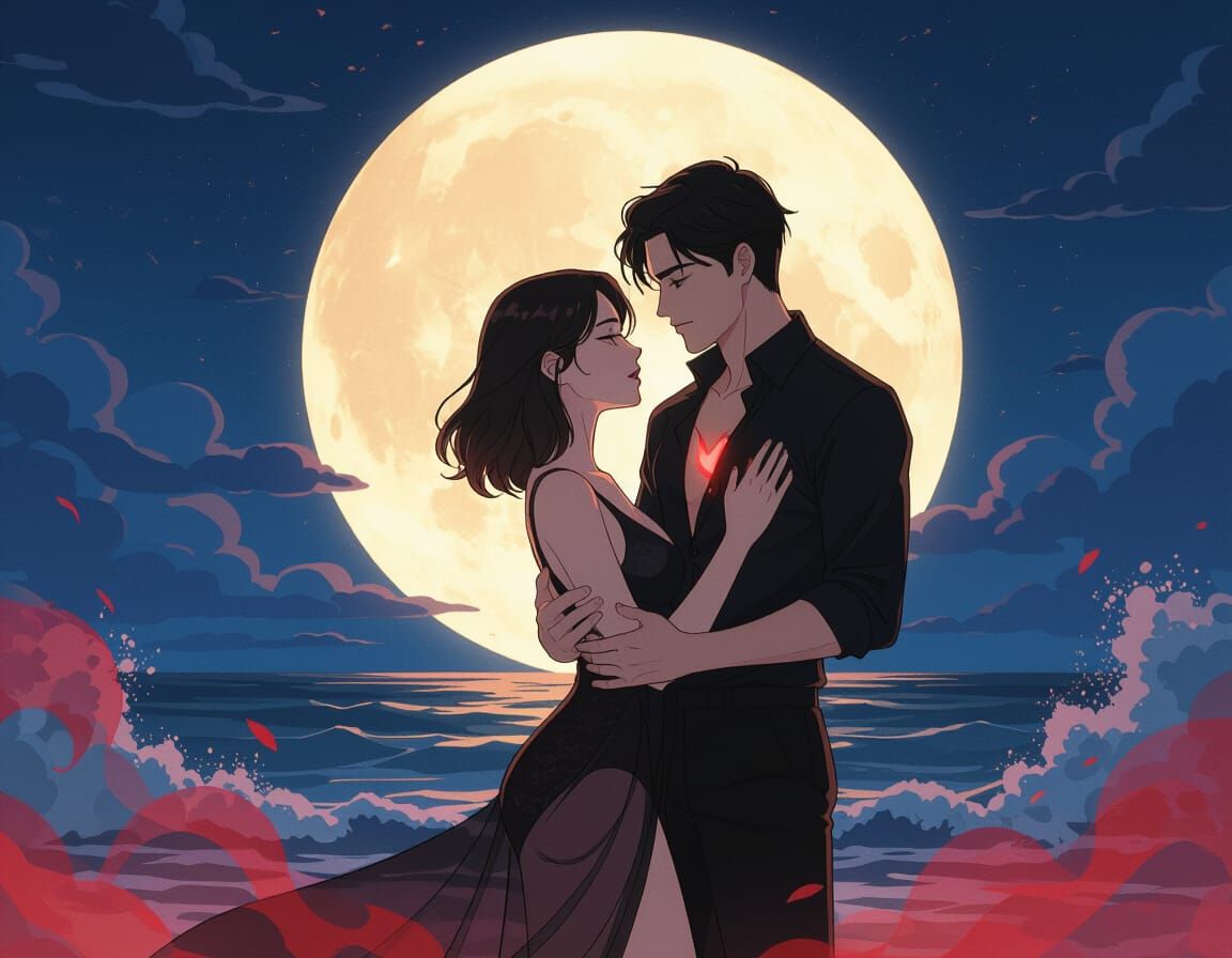 Romantic Beach Scene Under Full Moon in Anime Style