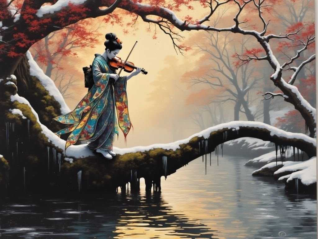 Banksy-Inspired Geisha Plays Violin Amidst Winter Wonderland