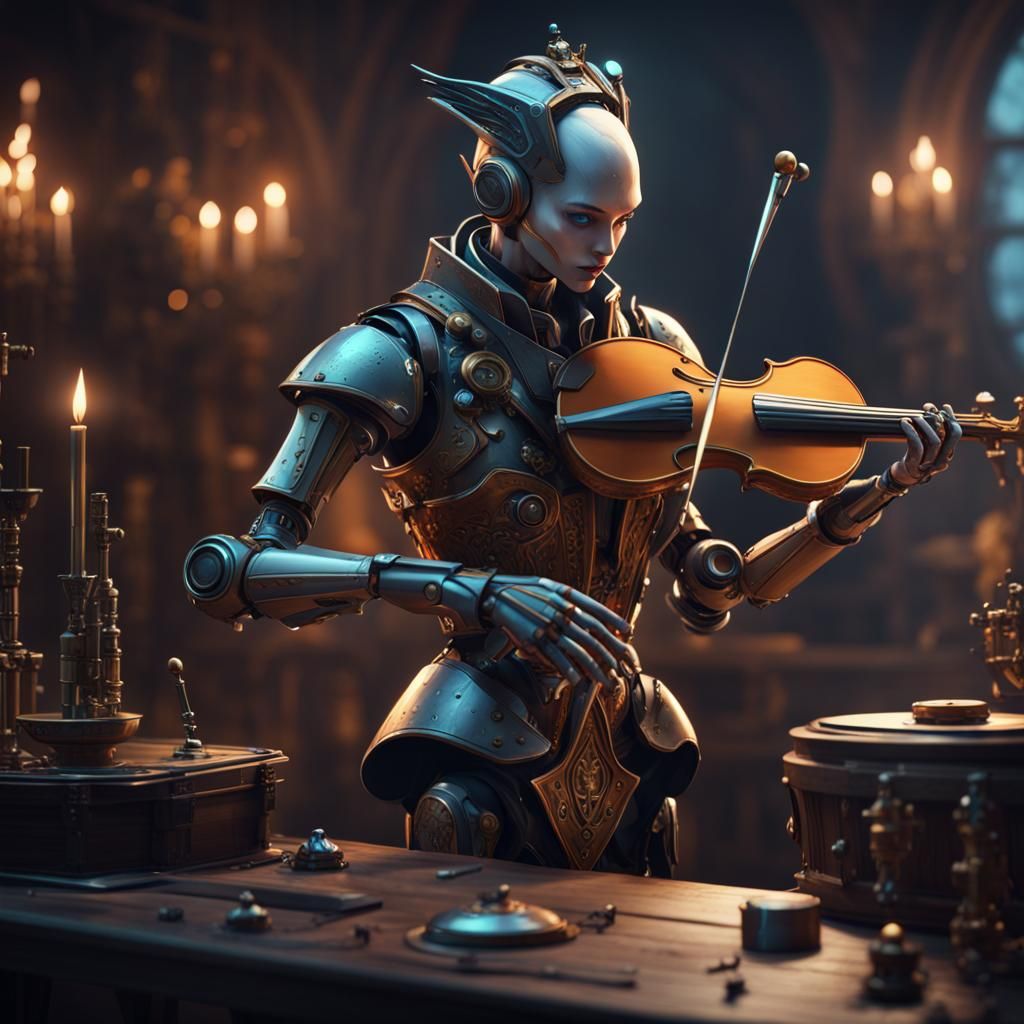 Robot Elf Bard in Dark Fantasy Style