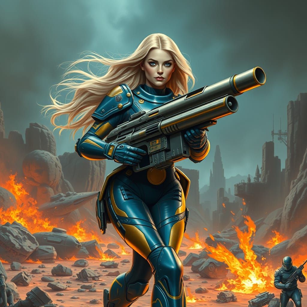 Armored Woman with Blaster on Alien Planet