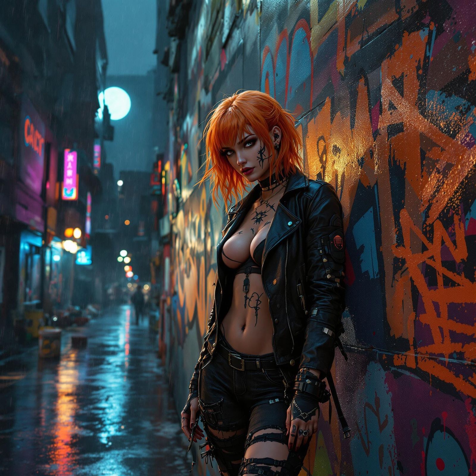 Cyberpunk Street Artist in Rainy Cityscape